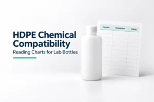 HDPE reagent bottle beside a chemical compatibility reference table.