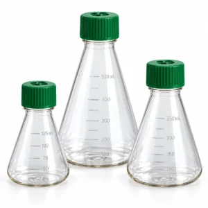 125 mL, 250 mL and 500 mL cell culture shake flasks with transparent bodies and green caps