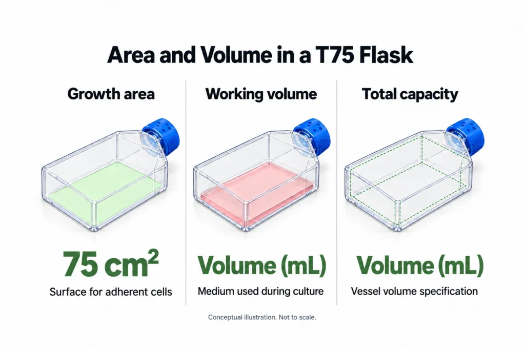 T75 flask diagrams comparing the 75 cm² growth surface, working medium volume and total internal capacity
